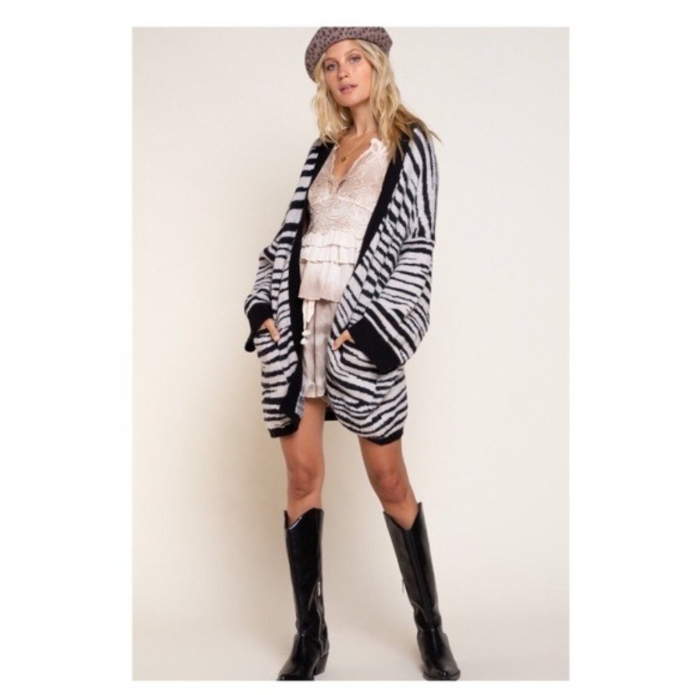 Pol Black & White Zebra Pattern Open Cardigan - image 1